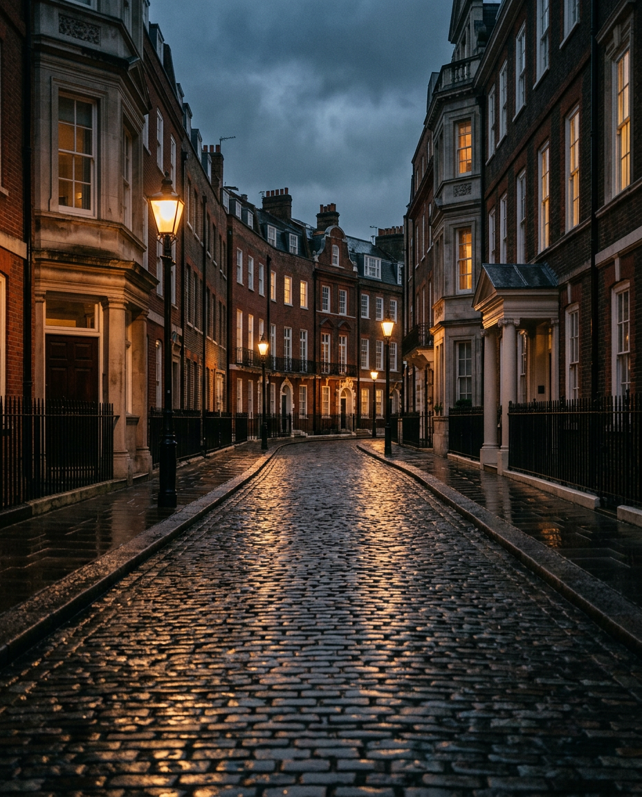 A London townhouse window lit warmly at dusk