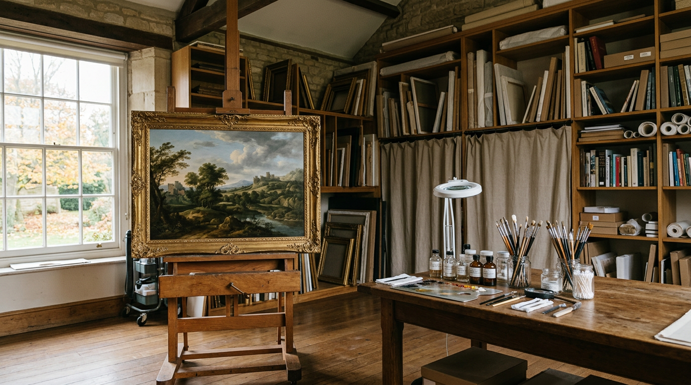 A gilt-framed landscape painting on an easel in a private conservation studio