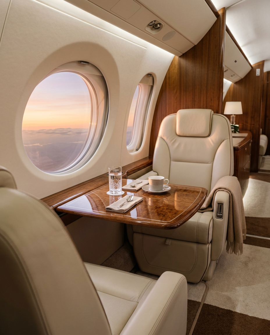 A private jet cabin with cream leather seats and a walnut table