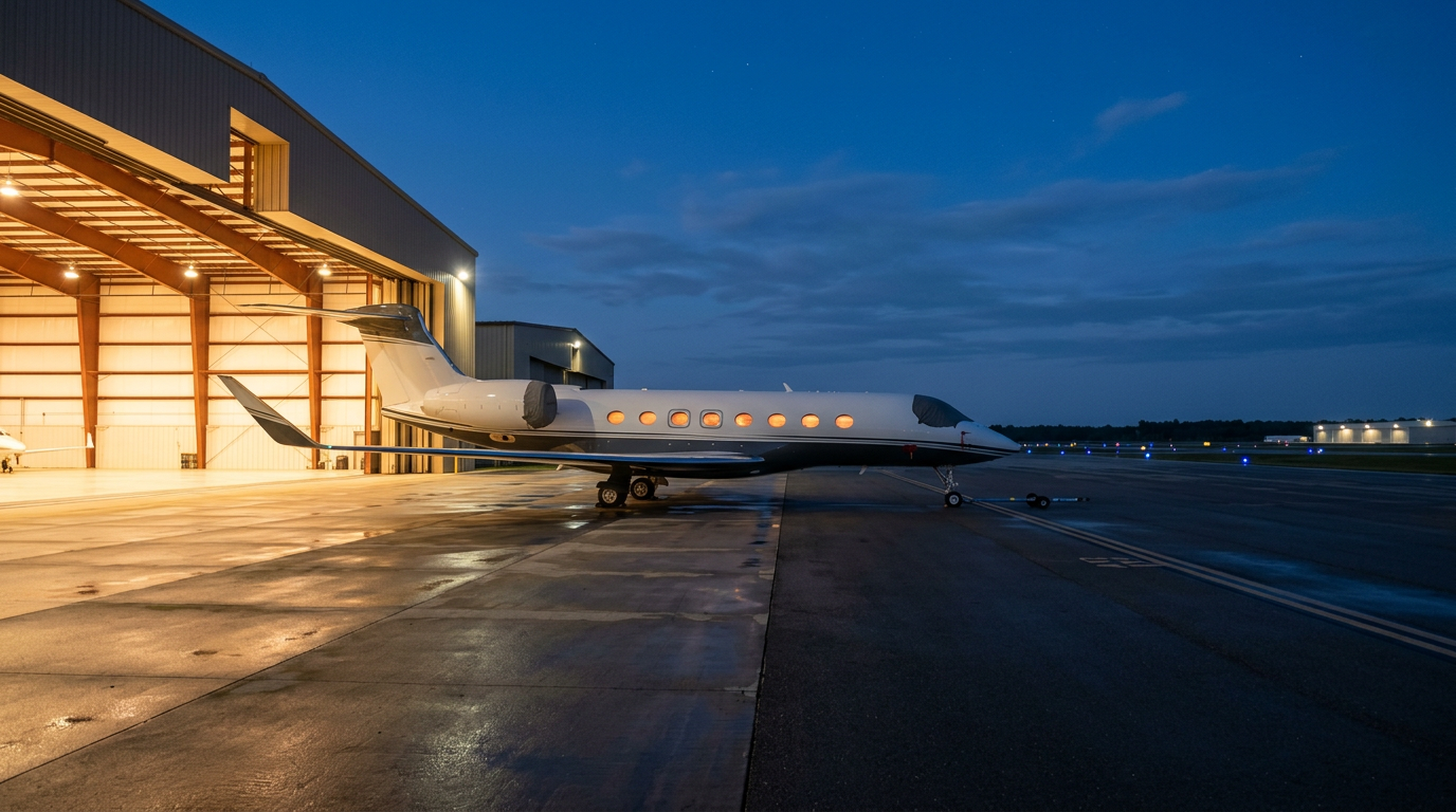 A private jet outside a hangar at blue hour with the cabin windows glowing