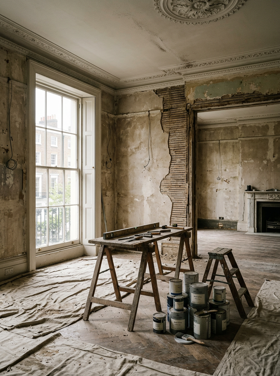 A period room stripped back to plaster with dust sheets and tools mid-refurbishment