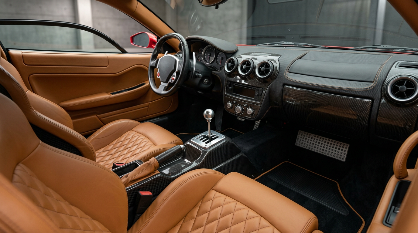The tan leather cockpit of a red Italian supercar with an aluminium gear gate