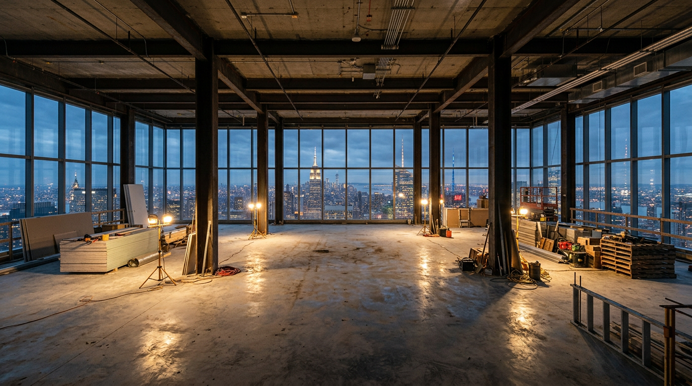 The shell of a luxury penthouse at dusk with floor-to-ceiling glazing and a lit skyline