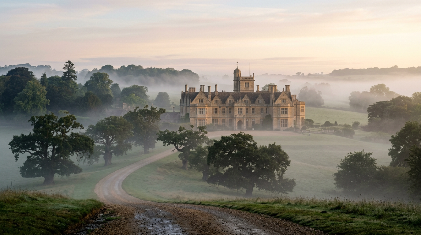 An English country estate emerging from early morning mist