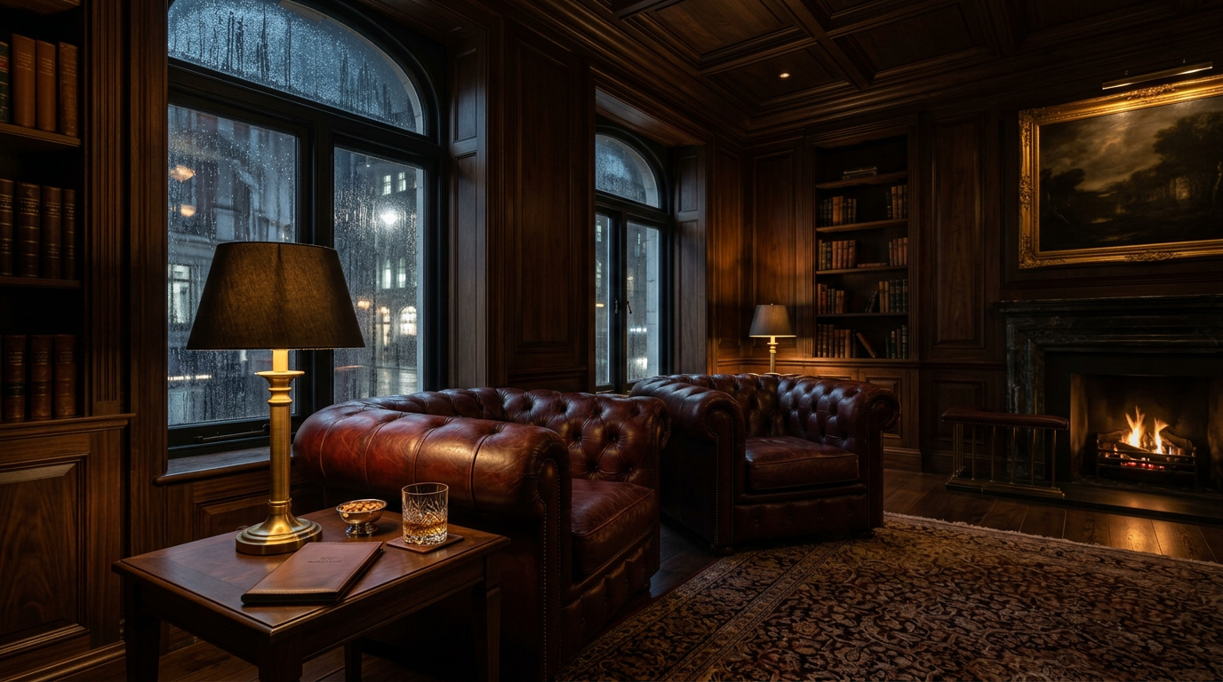 A hushed private members club lounge with oxblood leather armchairs and a brass lamp