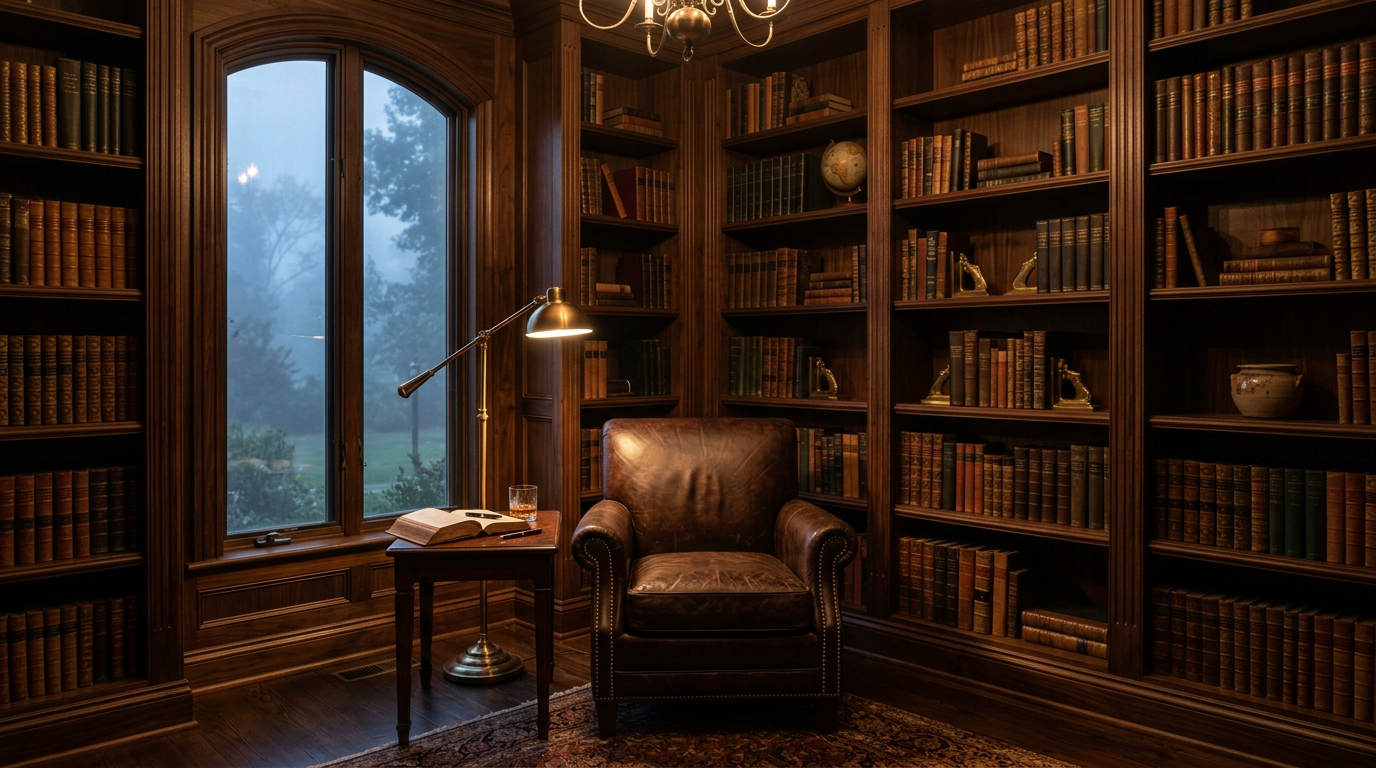 A quiet private library at dusk with a brass reading lamp