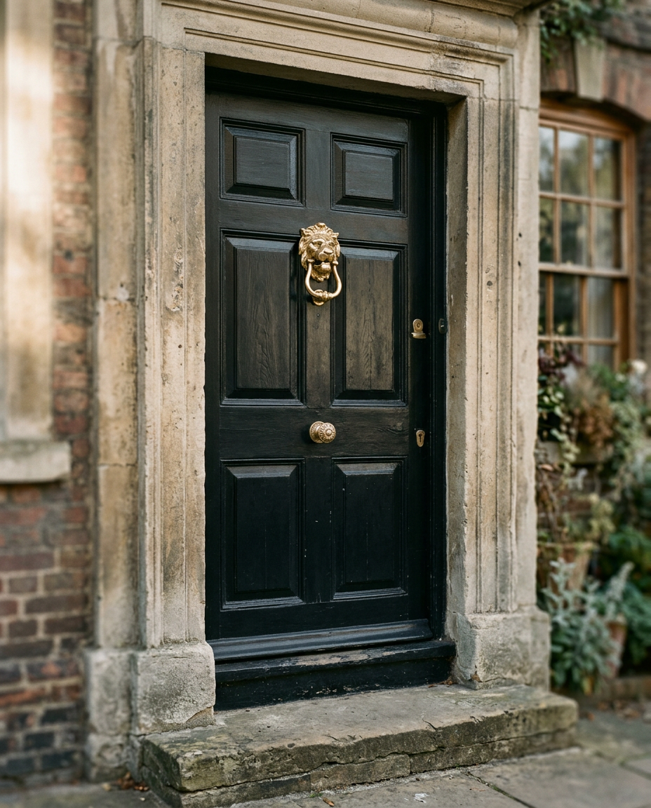 A black Georgian front door with a brass knocker