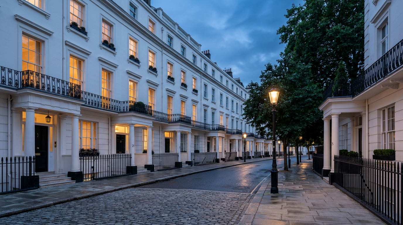 A white stucco Georgian terrace in London at blue hour