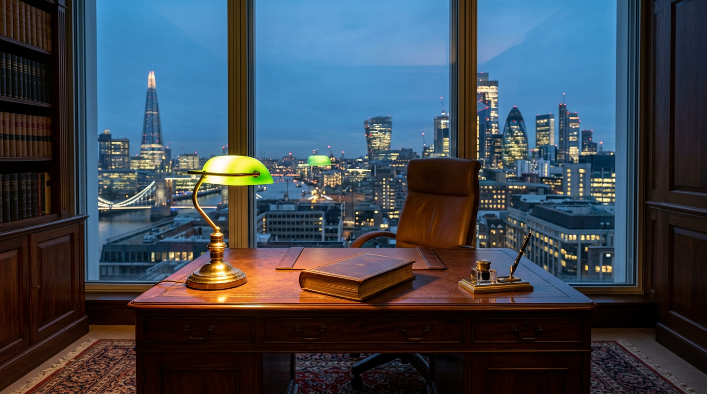 A mahogany desk with a brass lamp and a ledger before the City of London skyline at dusk