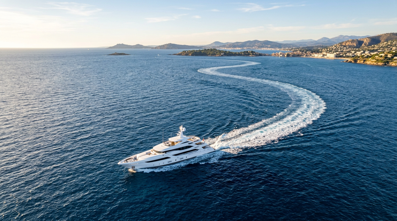 An aerial view of a white superyacht under way on deep blue water